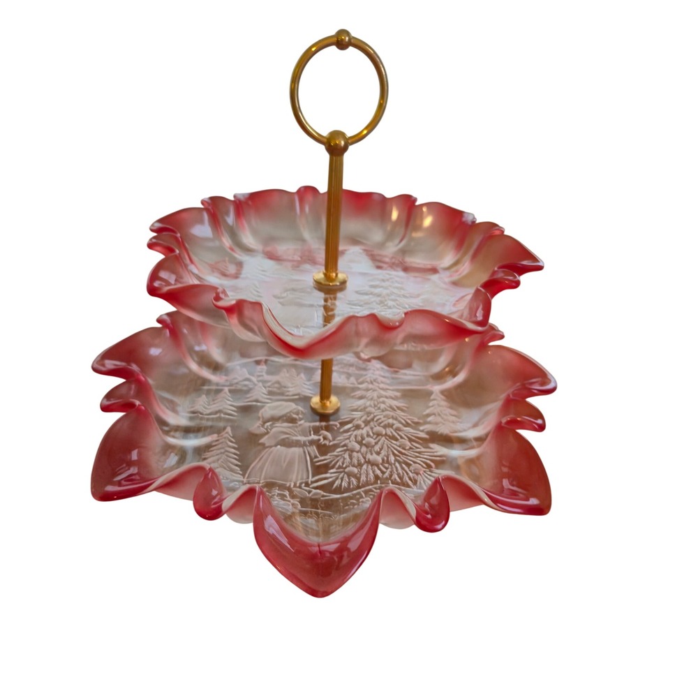 Mikasa 2 Tier Server Rosella Tulip Red Winter Scene Frosted Glass Holiday Vtg